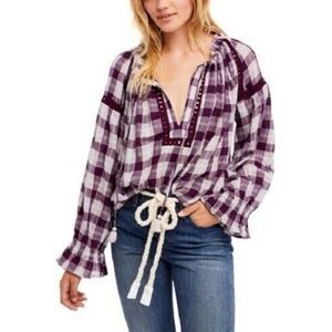 Free People Honey Grove Plaid Purple Plum Long Sleeves Tassel Boho Peasant Top S